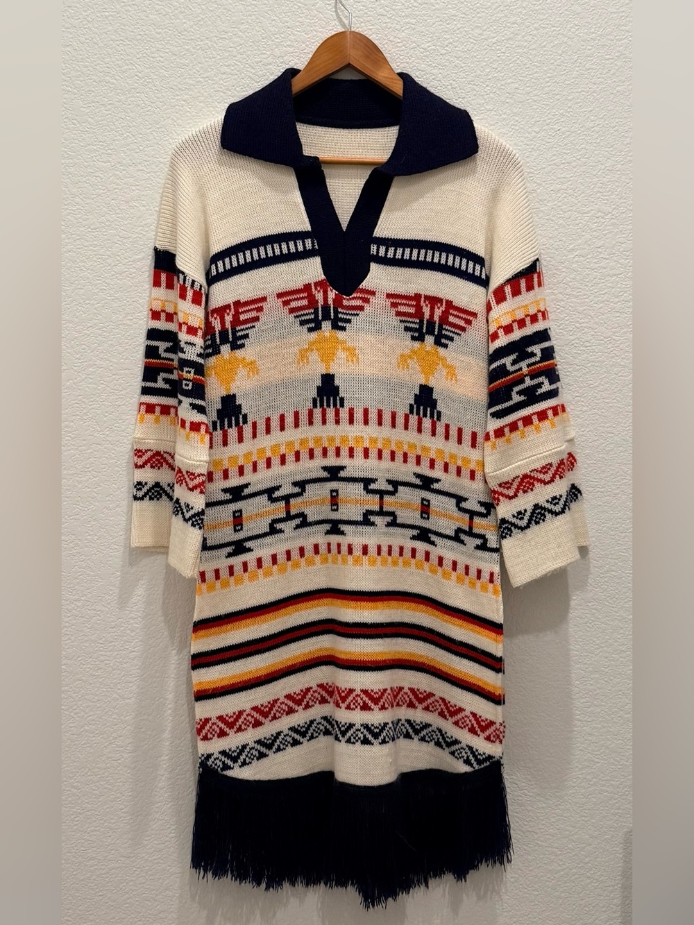 Vintage 70s Boho Southwestern Knit Sweater Dress Thunderbird Fringe Tunic